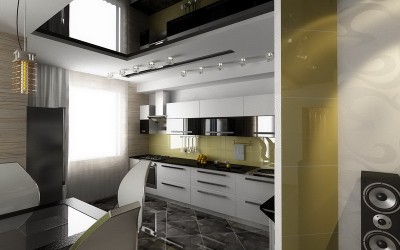 Белая кухня из пластика с черной глянцевой столешницей